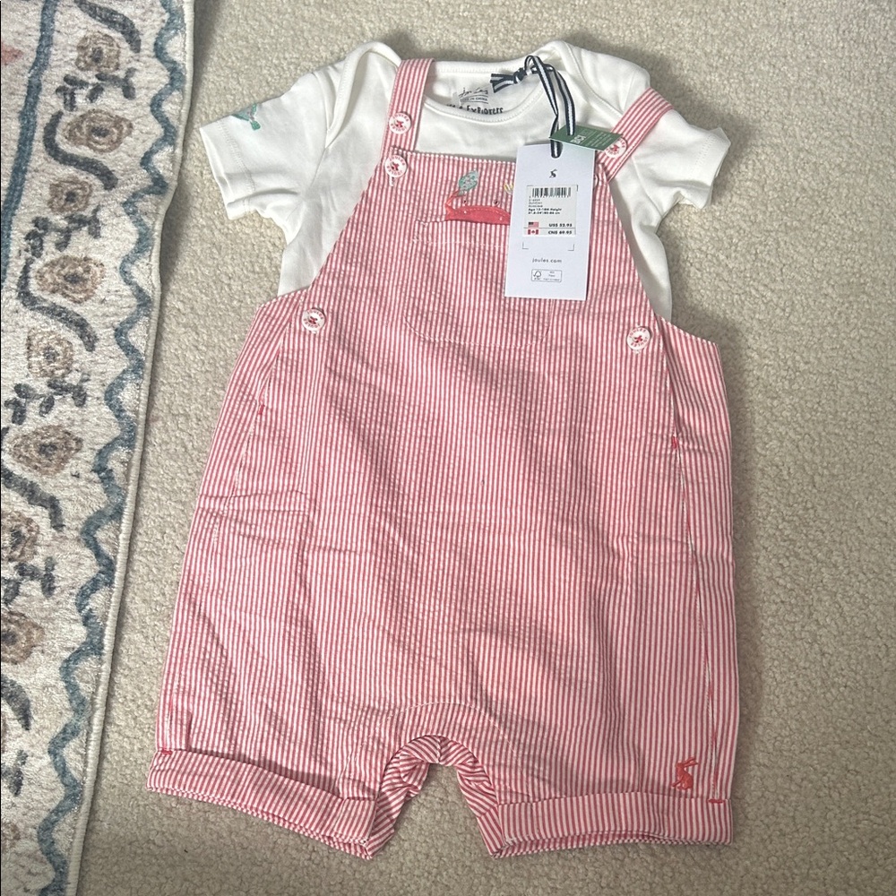 NWT Joules Pink Crab Striped Baby Overalls with White Shirt